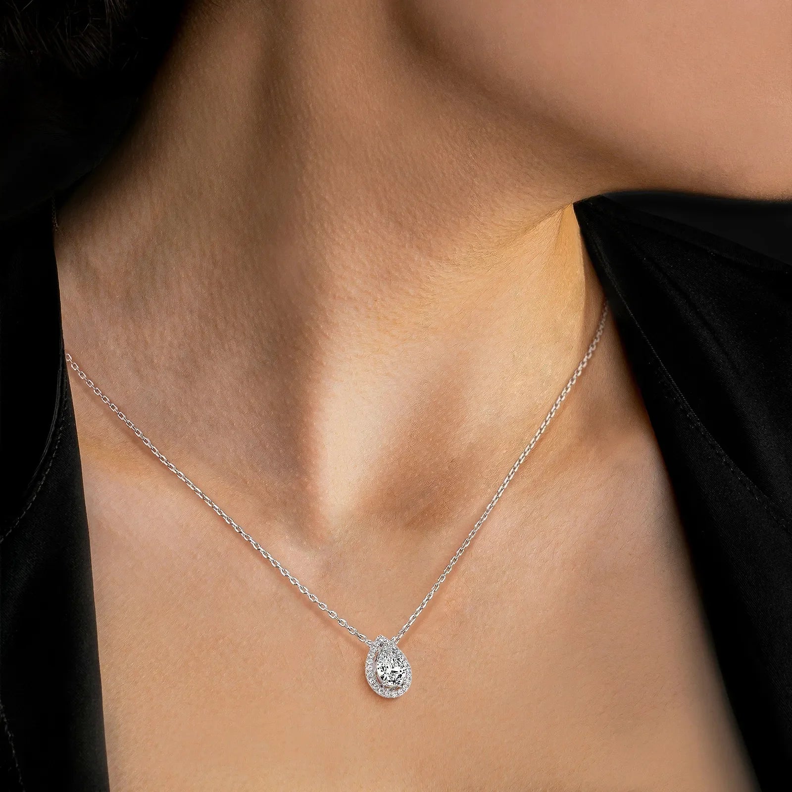 0.5CT Lab Grown Diamond Teardrop Halo Necklace In 14K Solid Gold/Platinum