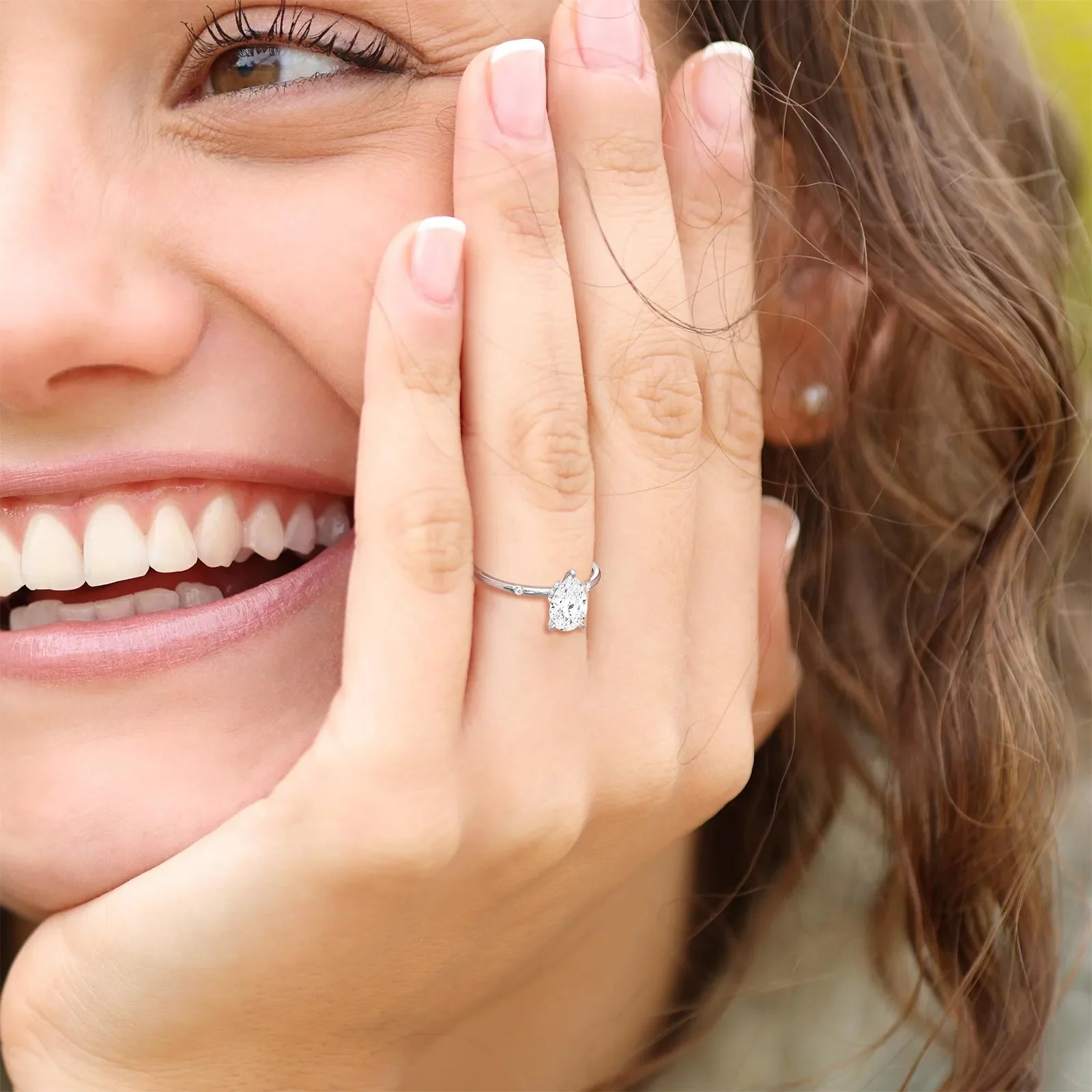 1 CT Lab Grown Pear Engagement Ring with Hidden Halo