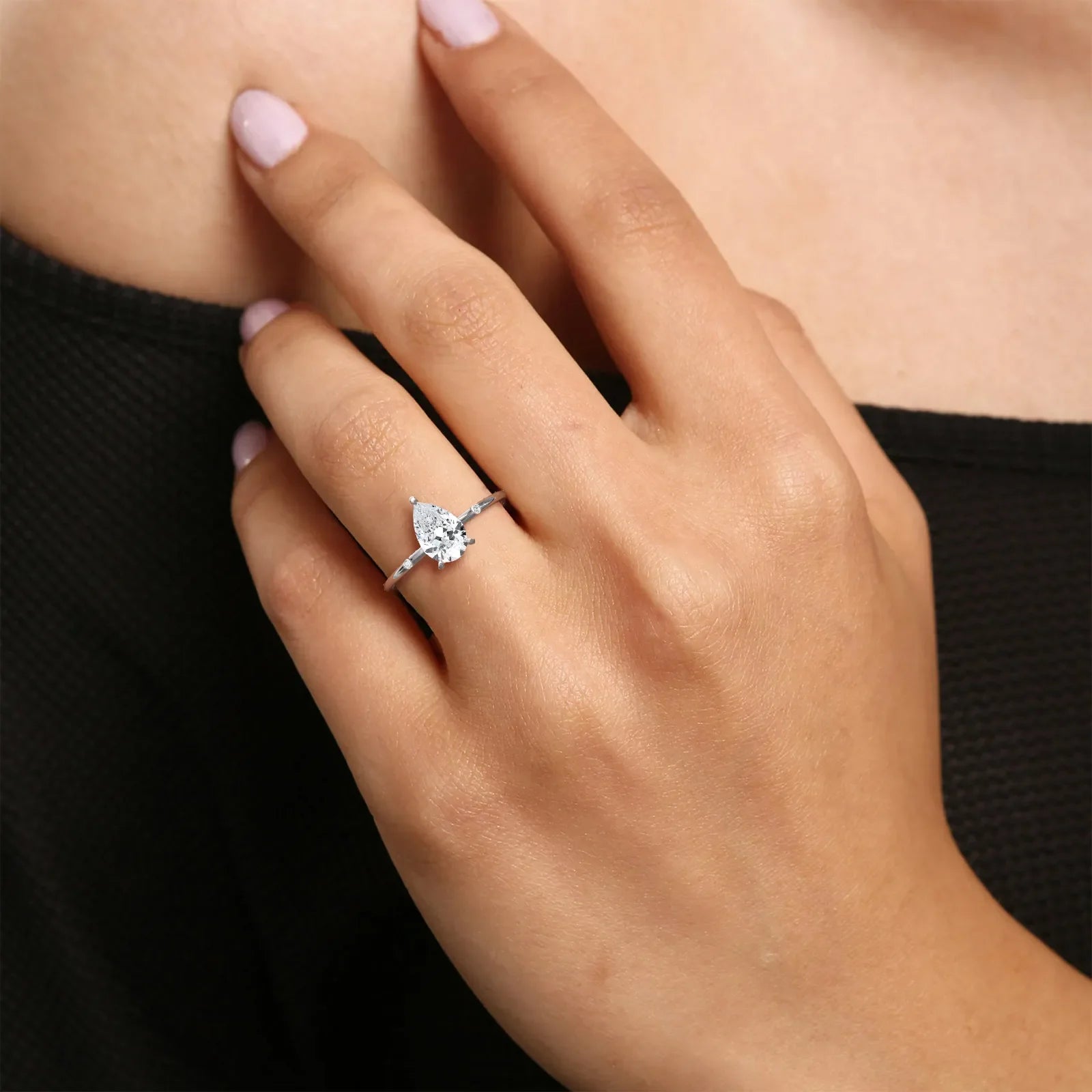1 CT Lab Grown Pear Engagement Ring with Hidden Halo